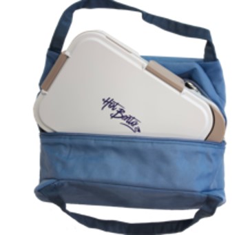A blue bag with a white lunch box in it