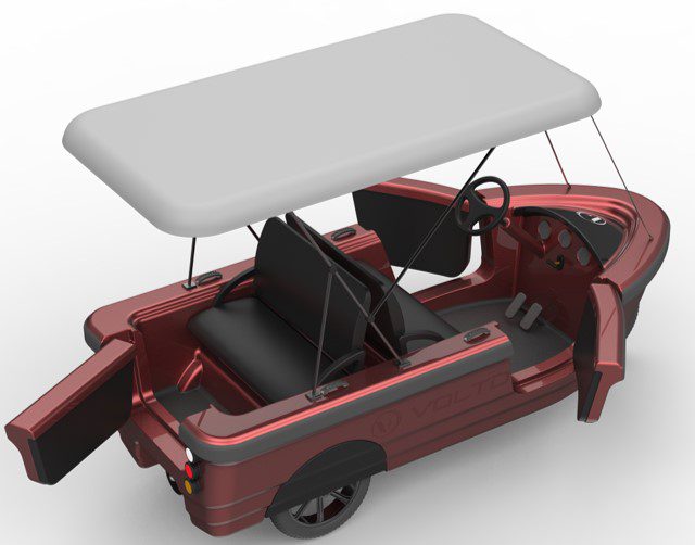 A red golf cart with a white top.