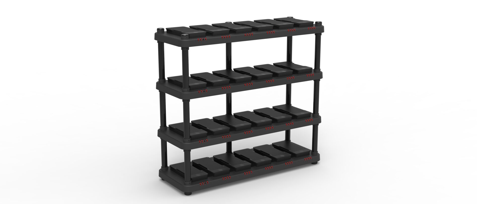 A black plastic shelf with four levels.